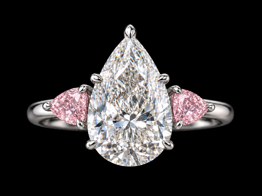 Pear Diamond Ring with Pink Sapphire Side Stones, 10 ct