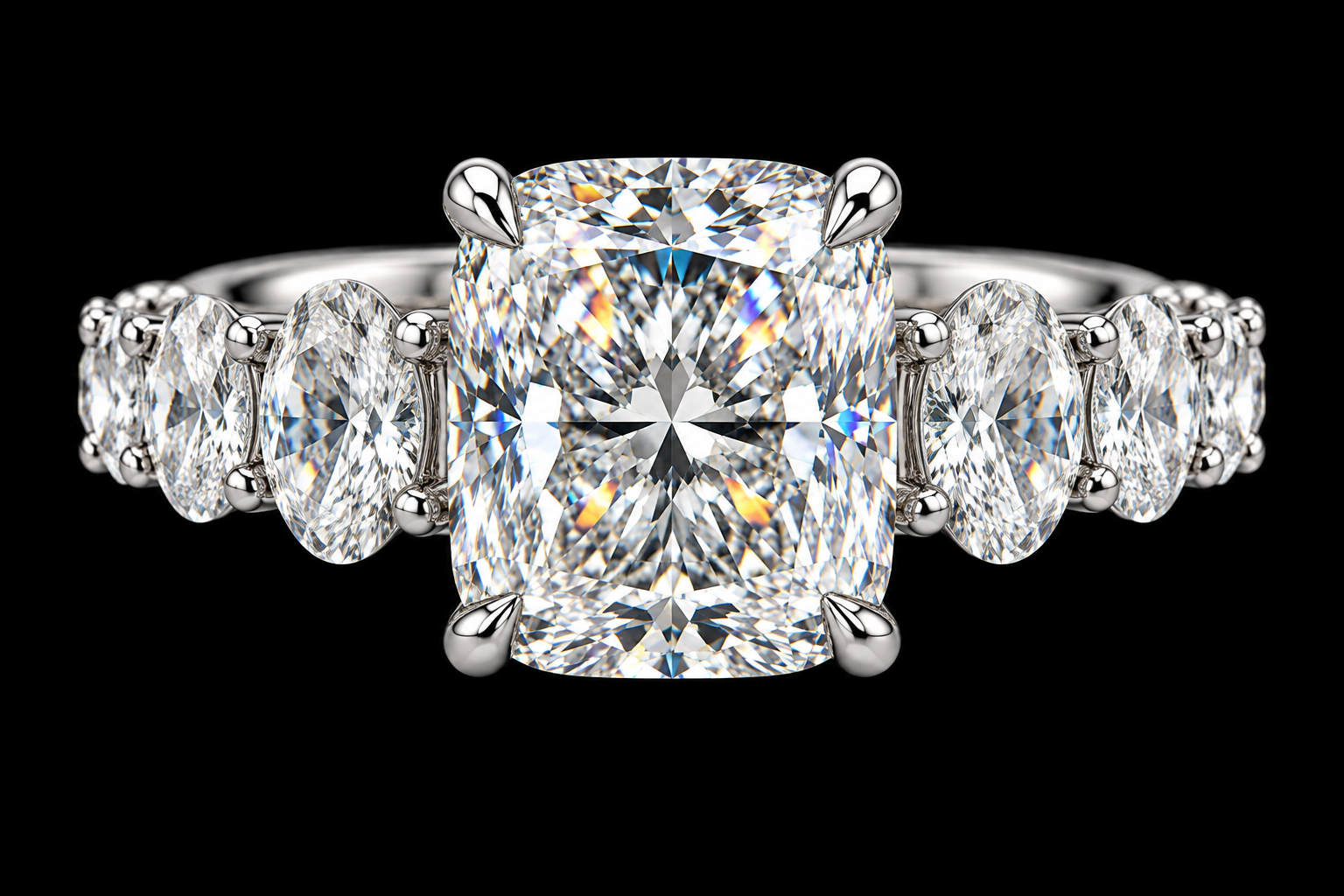 Cushion Diamond Engagement Ring with Oval Eternity Band, 7.25 ct