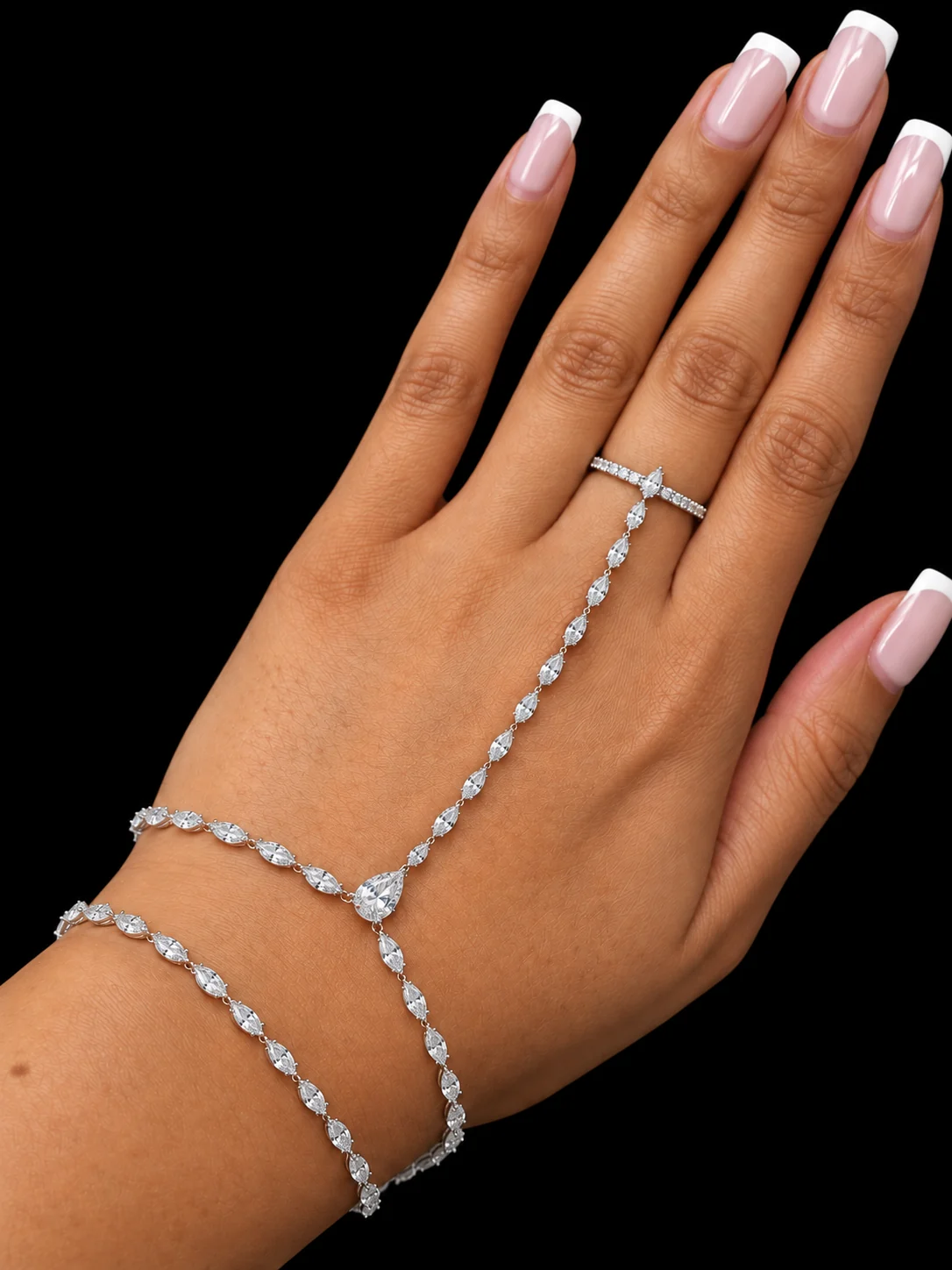 14kt marquise hand chain, worn