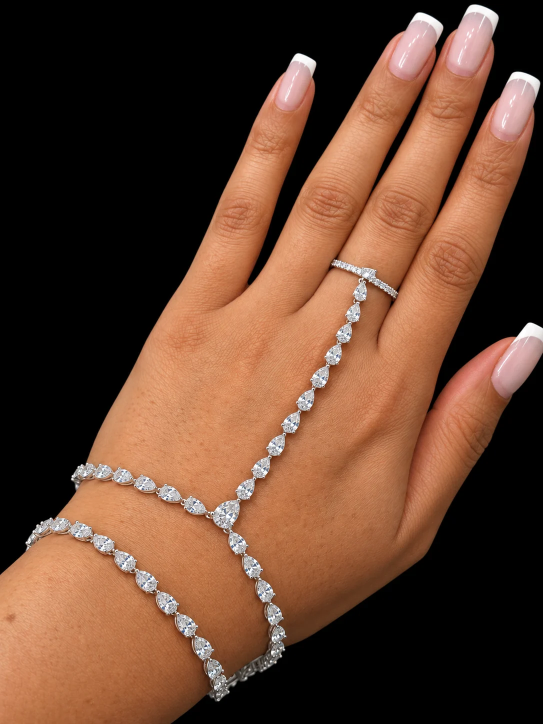 14kt white gold pear hand chain, worn