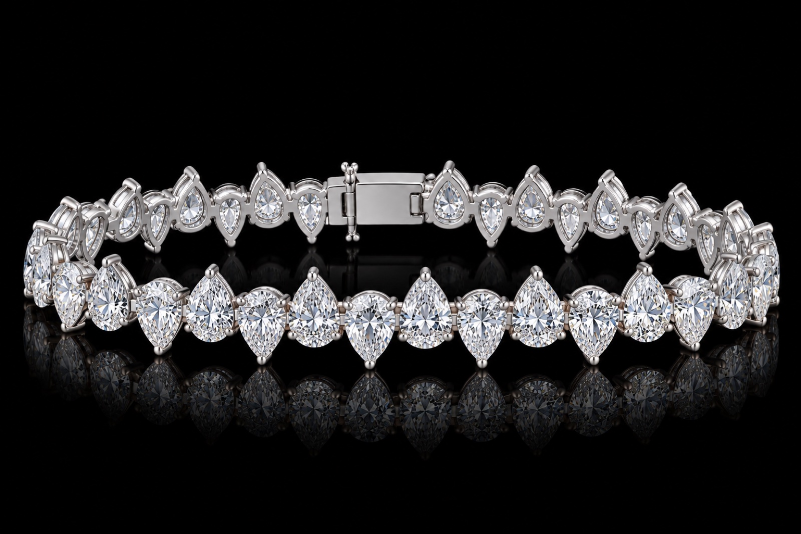 Alternating Pear Diamond Bracelet in 14KT White Gold, laid flat