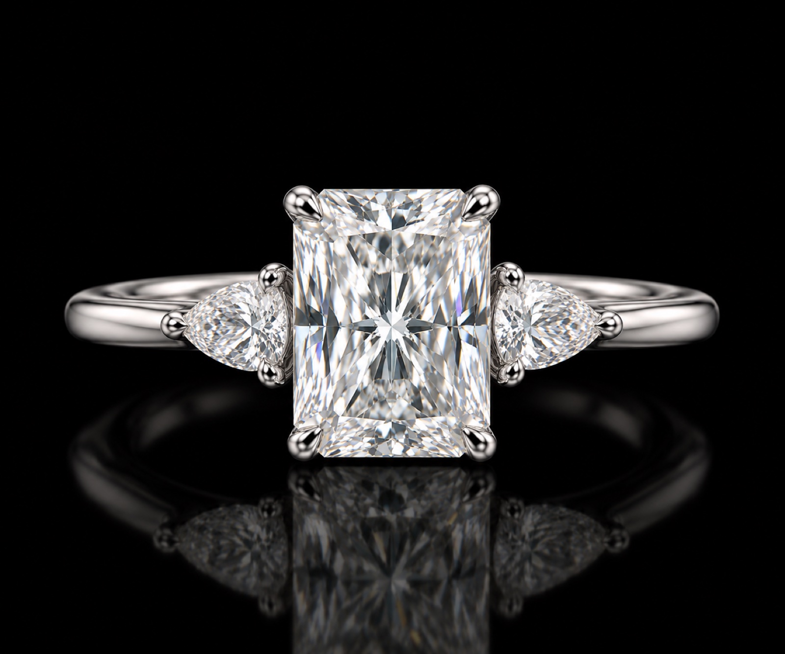Radiant Three-Stone Ring in 14KT White Gold, top view