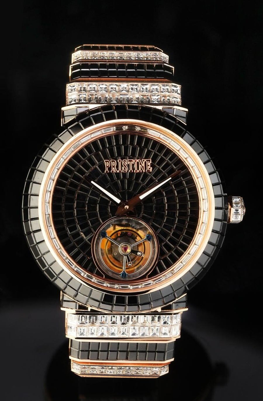 Pristine round watch with a black dial and a visible tourbillon