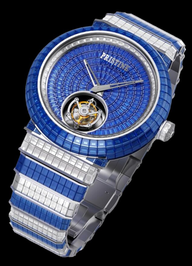 Pristine watch with a blue baguette-set case and bracelet and a visible tourbillon