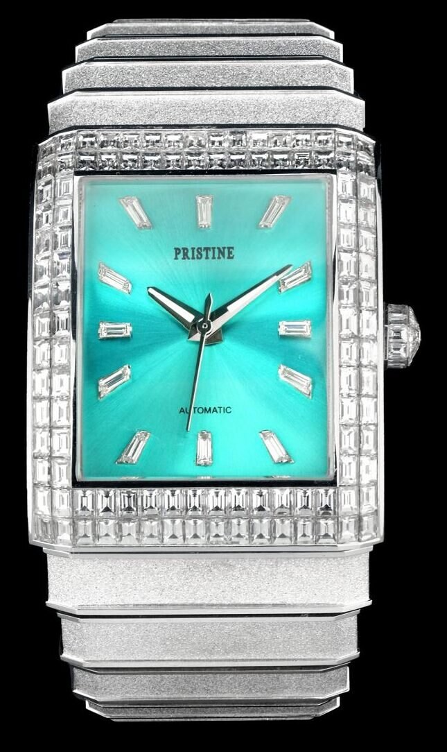 Pristine rectangular watch with a turquoise dial and a baguette-set case